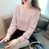 V-neck Lace Chiffon Top Spring Autumn New Loose Women's Clothing Solid Color Long Sleeve Bottoming Shirt