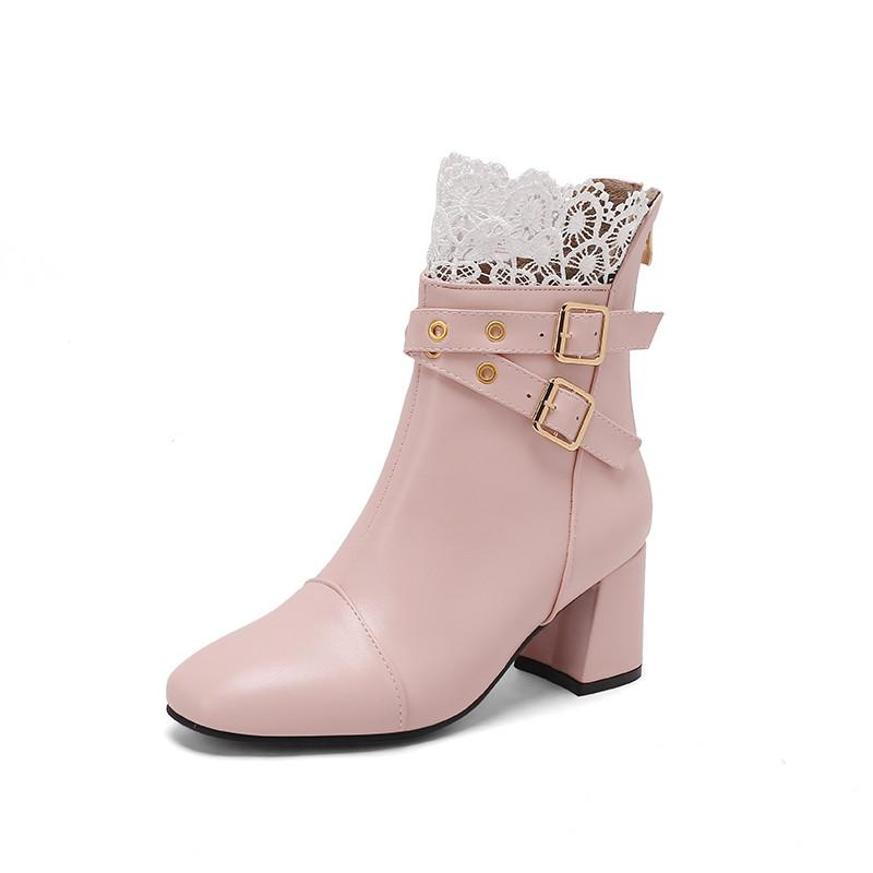 Pink Red White Gilrs Sweet Wedding Shoes Women Round Toe Belt Buckle High Heels Zipper Lady Party Ankle Booties Large Size 47 48