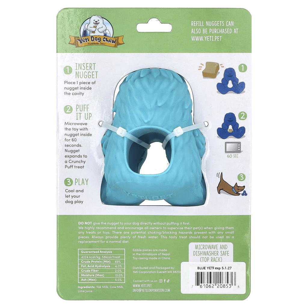 Yeti Dog Chew, Puff & Play, Диспенсер для лакомств, Наггетсы Yeti Dog Chew, Синий, 4 наггетса, 1 диспенсер