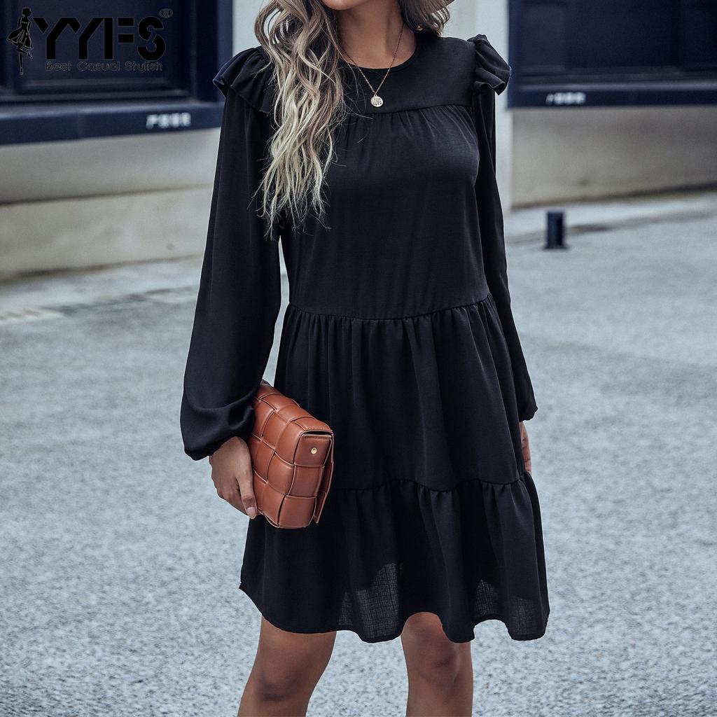 YYFS Женская мода лето весна черный однотонный принт с длинным рукавом и круглым вырезом повседневные платья