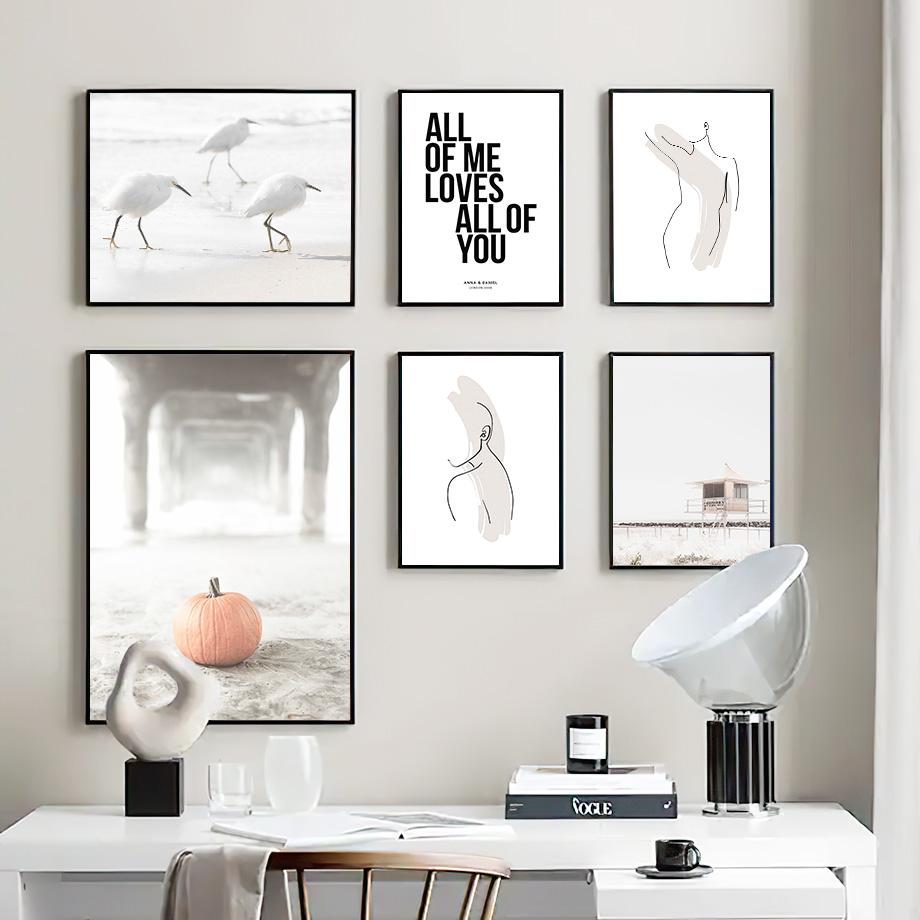 Белый пляж тыква птица цветок листья настенная живопись на холсте плакаты на скандинавскую тему и принты настенные панно для декора гостиной