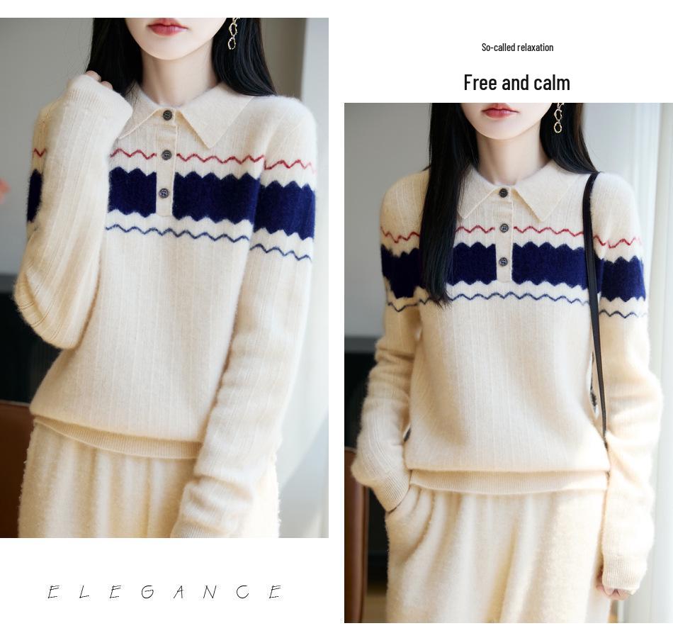 Women's Color-Block Jacquard Wool Sweater - New 2025 Autumn/Winter Cashmere Knit Top