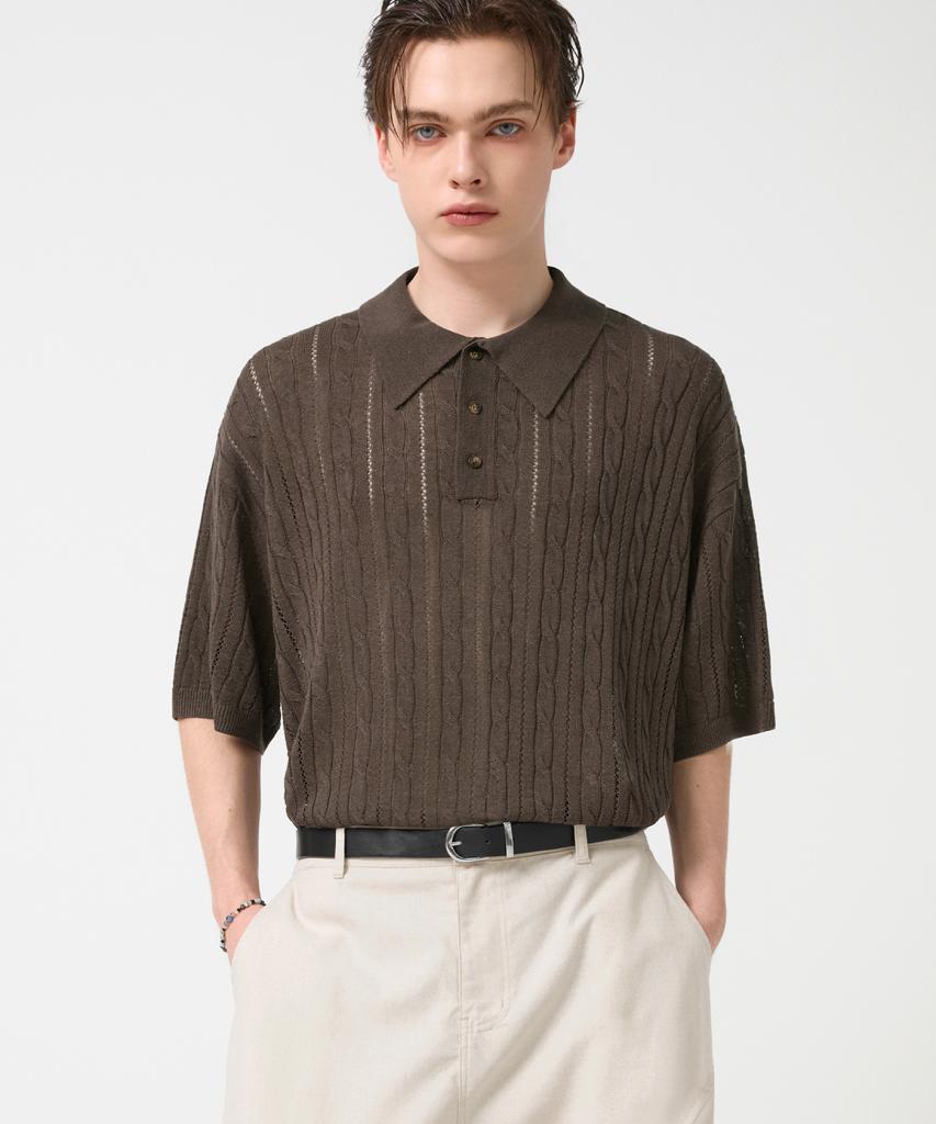 TRILLION Washable Resort Cable Collar Short Sleeve Knit_Brown