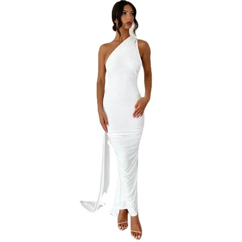 Европа и Соединенные Штаты Ветер Женские 2024 Сексуальные Спинки Плиссированные Тонкие Однотонные Темпераментные Вечерние Платья Без Рукавов