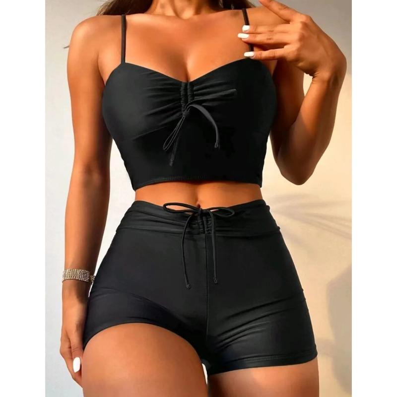 Drawstring Front Shorts Bikinis 2025 High Waist Swimsuit Women Swimwear Female Bathers Bathing Swimming Swim Suit Beachwear