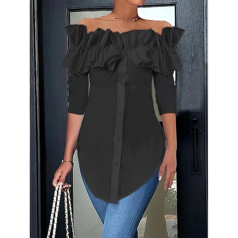 Новая блузка с открытыми плечами, оборками и длинными рукавами, весенняя женская повседневная блузка неправильного кроя, однотонная, приталенная, модный топ для офисной леди