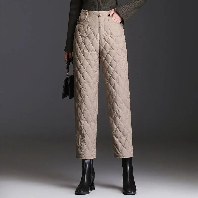 Брюки-пуховики осенне-зимняя женская верхняя одежда мода плюс бархатные утолщенные с высокой талией свободные прямые теплые хлопковые брюки