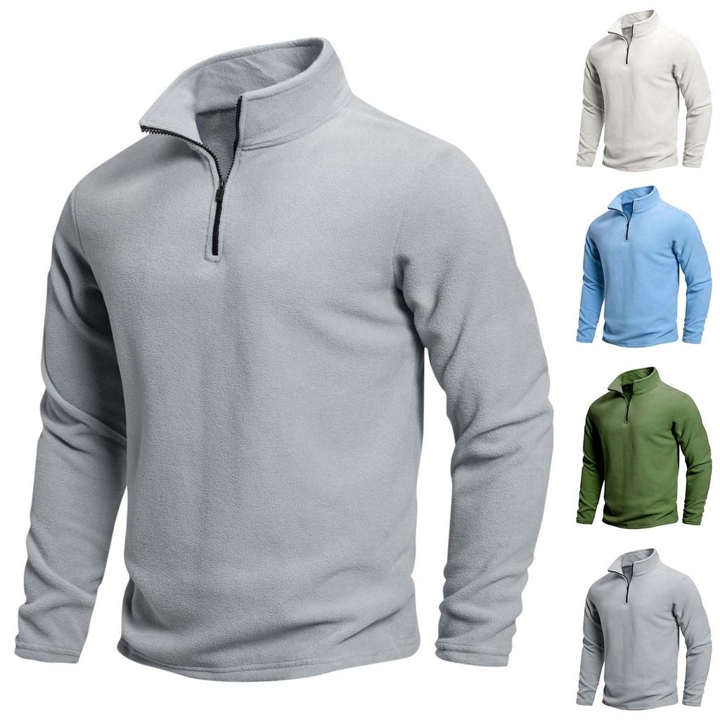 Men's Casual Solid Color Stand-up Collar Half-zipper Long-sleeved Top Men's Fleece Pullover Hoodie