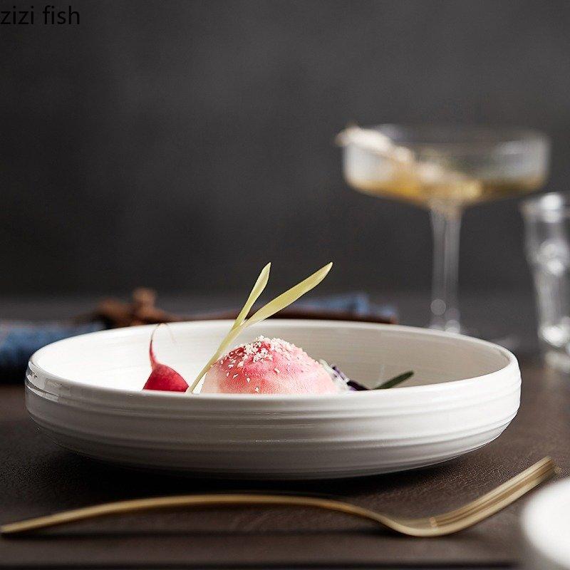 Круглая керамическая тарелка для обеда, салатница для ресторана, миска для густого супа, тарелка для закусок, десертная тарелка, тарелки для пасты, однотонная столовая посуда