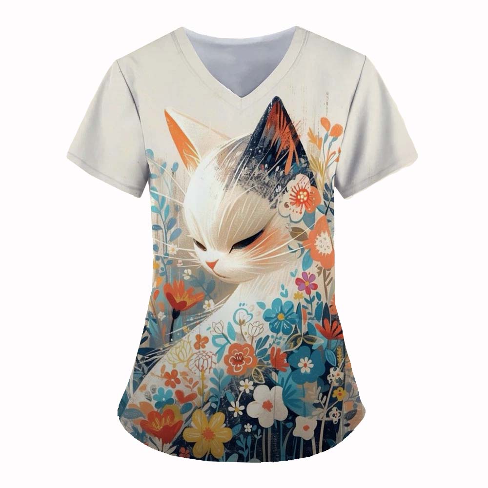 Medical Uniform for Women Cute Cat 3D Print V-Neck Clinical Uniform Short Sleeve Patch Pocket Tops Surgical Women's Uniforms