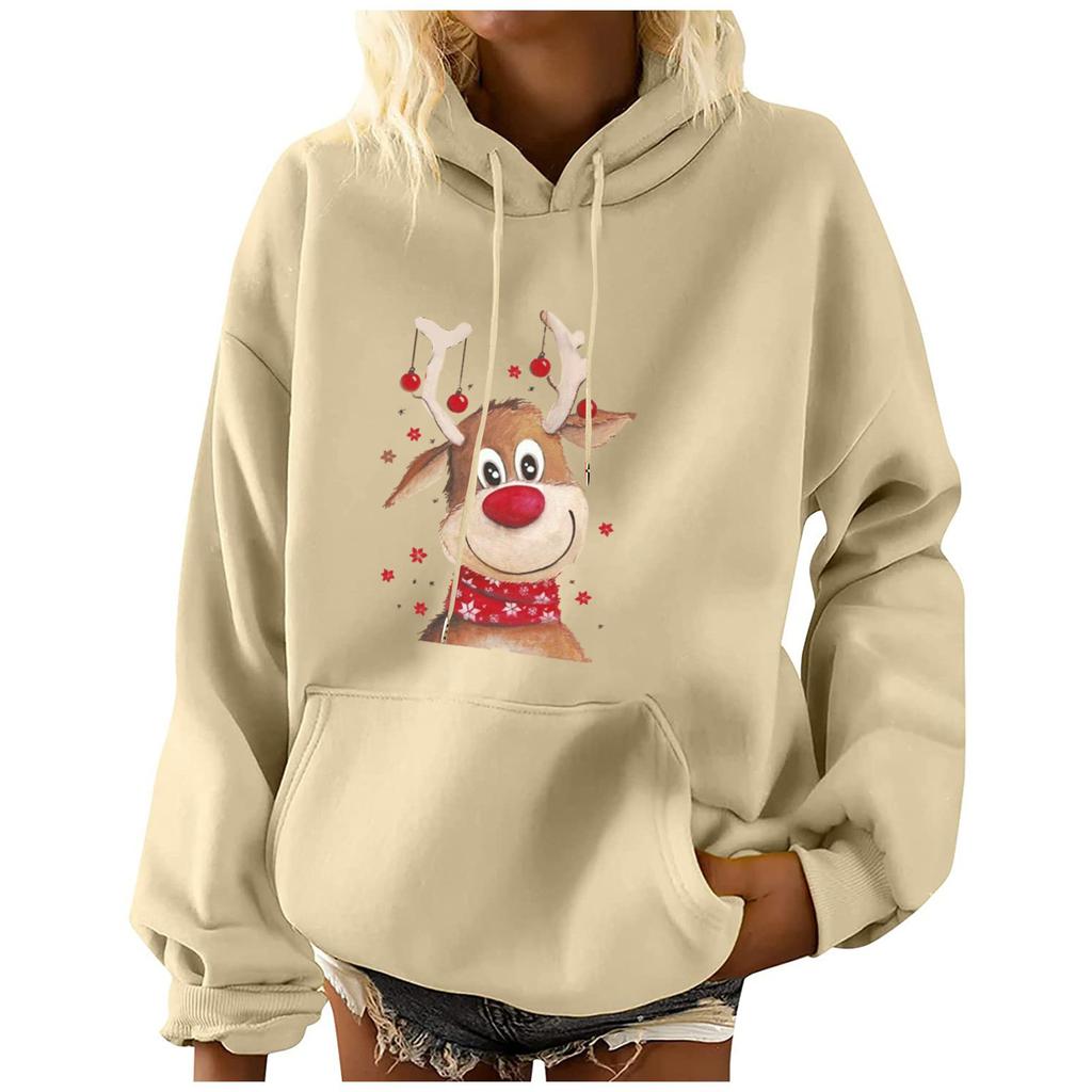 Женская мода для отдыха, рождественской вечеринки, пуловер с длинными рукавами и капюшоном с принтом, топ