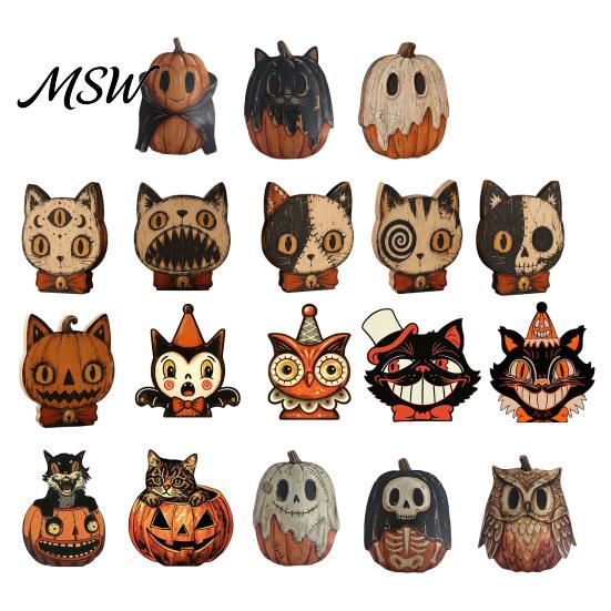 Three-dimensional Layered Painting Ornaments Halloween Wooden Ornaments, Distressed Pumpkin/Cat Decorations, Desktop & Wall Durable Wood Tabletop Art