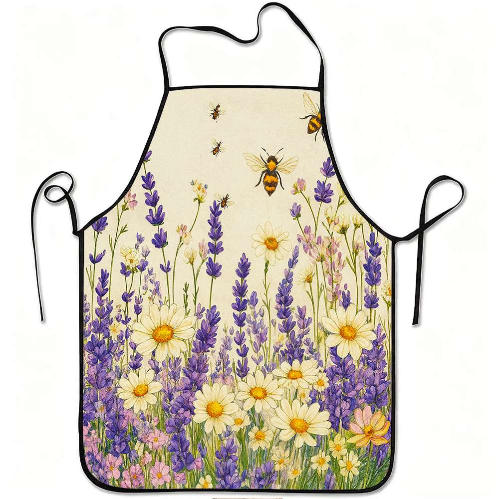1pc Lavender Daisy & Bumblebee Print Apron - Adjustable Waistband, Durable Easy-Clean Polyester Apron with Lavender Flower & Bum