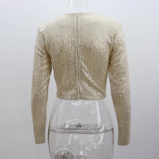 Женские укороченные топы с круглым вырезом и длинным рукавом, украшенные пайетками, футболка свободного кроя