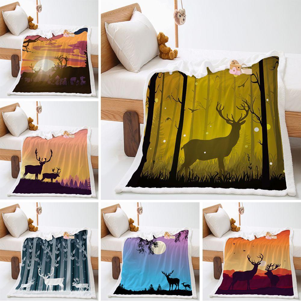 Cartoon Deer Thickened Lamb Fleece Blanket Landscape Crystal Fleece Wish Cover Blanket