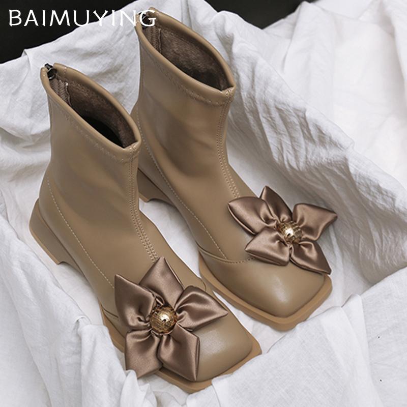 Цветочные женские ботильоны из кожи с квадратным носком и средним каблуком, дизайнерская обувь, новый бренд 2025 года, трендовая зимняя обувь на толстой подошве, женские ботинки