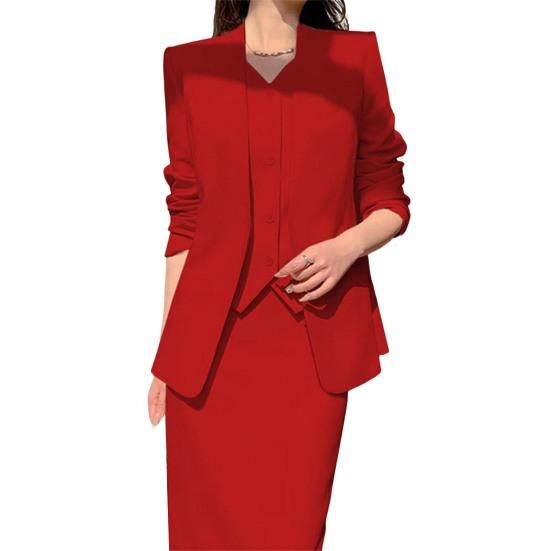 2 Pcs/Set Women Suit Coat Skirt Set Formal Business Style Long Sleeves Open Sticth Coat High Waist Slim Fit A-line Midi Skirt Outfit