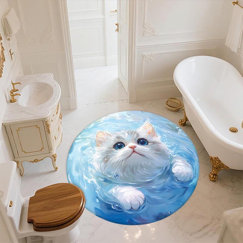 Кошка с рябью на воде, Круглый ковер, Ковер для гостиной, спальни, дивана, игровой комнаты, Декор, Нескользящий коврик для пола