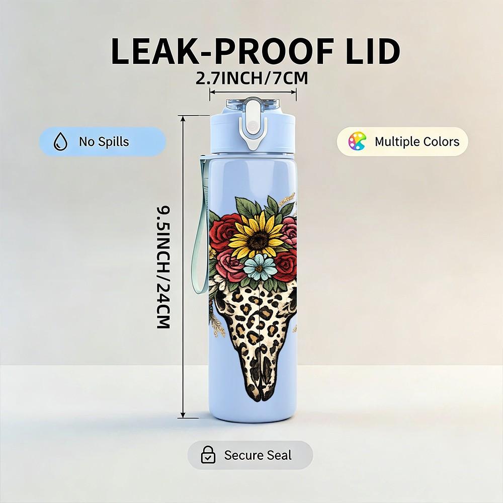 1PC Cow Skull Wild Flower Decor Print 750ml Color Plastic Sports Water Bottle Leakproof Flip Straw Lid Suitable for Sports Office Home Use