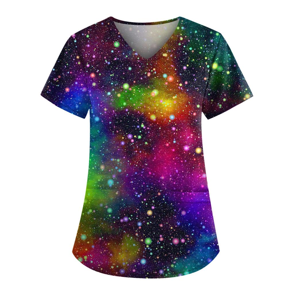 Plus Size Printed Scrub Working Uniform Tops For Women's V-Neck Short Sleeve Fun T-Shirts Workwear Tee With Pockets