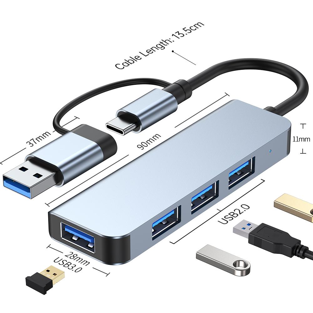 Концентратор типа C к USB-концентратору Док-станция 4-в-1 USB3.0 5 Гбит/с и 3 порта USB2.0 4 порта Сверхтонкий USB-разветвитель