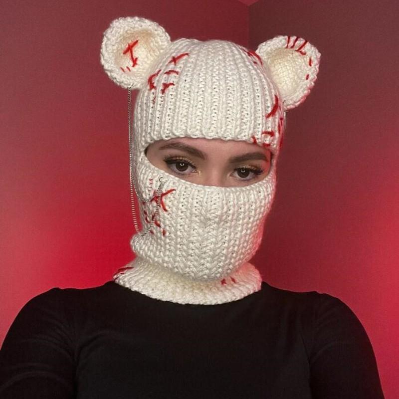 Handmade Knitted Cat Ear Pullover Hat Autumn and Winter Striped Cute Woolen Hat