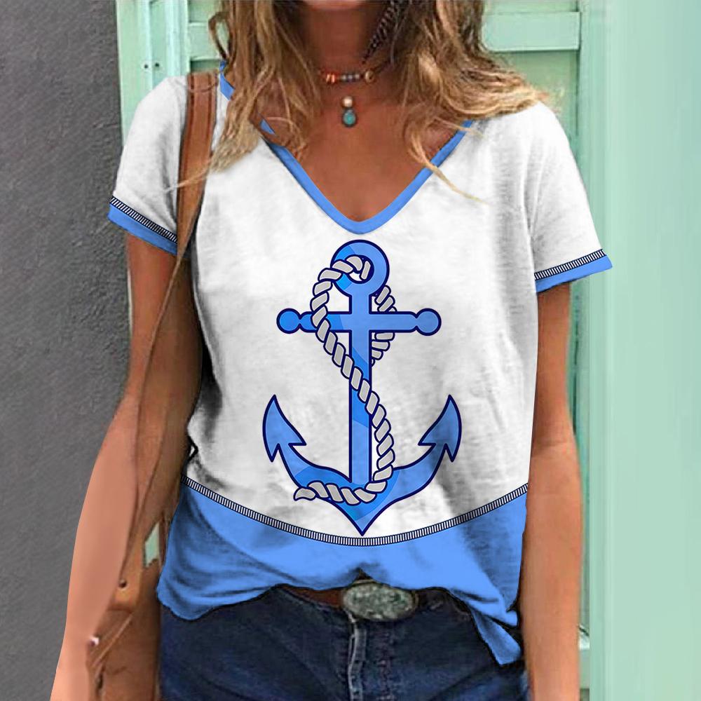 Женские футболки с принтом лодки и якоря, топ, короткий пуловер с рукавами, модная повседневная футболка большого размера с круглым вырезом, женская одежда