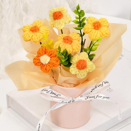 Вязаный Цветочный Букет Ручной Работы Искусственный Вязаный Букет Подсолнух Гвоздика Тюльпан Пушистые Цветы Подарки для Мамы Жены на День Рождения Юбилей