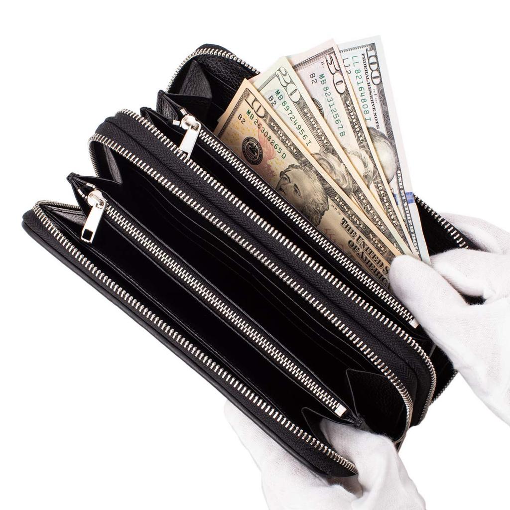 [Revetta] Длинный кошелек из кожи ската, Большая вместимость, 40 отделений для карт, Застежка на двойную молнию, Серебристый, Галюша, Скат, Черный, Мужской, Натуральная кожа