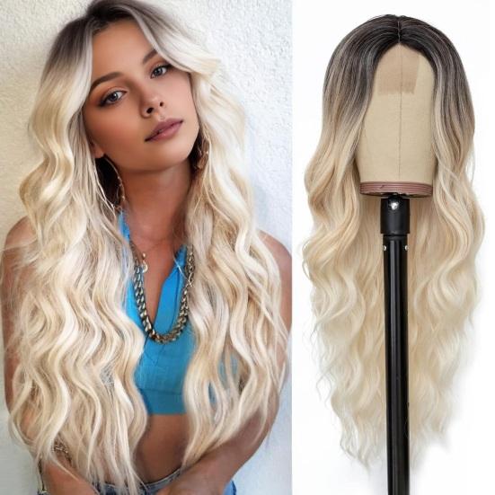 Женский длинный вьющийся парик, средняя часть, натуральные шелковистые термостойкие высокотемпературные волокна, передняя часть шнурка, волнистые черные коричневые синтетические волосы