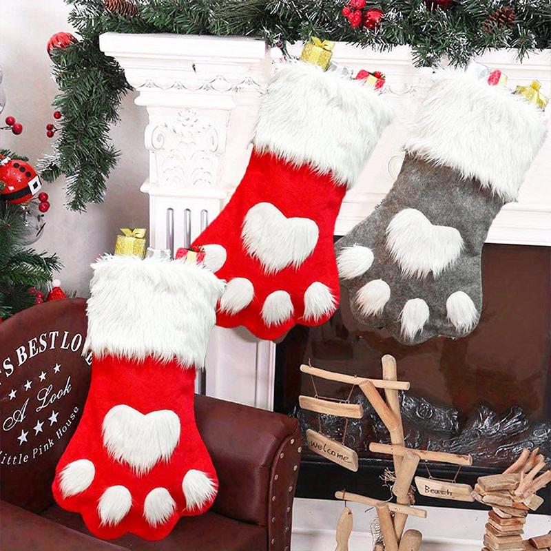 1PC Dog Paw Print Christmas Stockings for Tree Decor Matching Red-Grey Christmas Sock & Bag Set 44x22cm