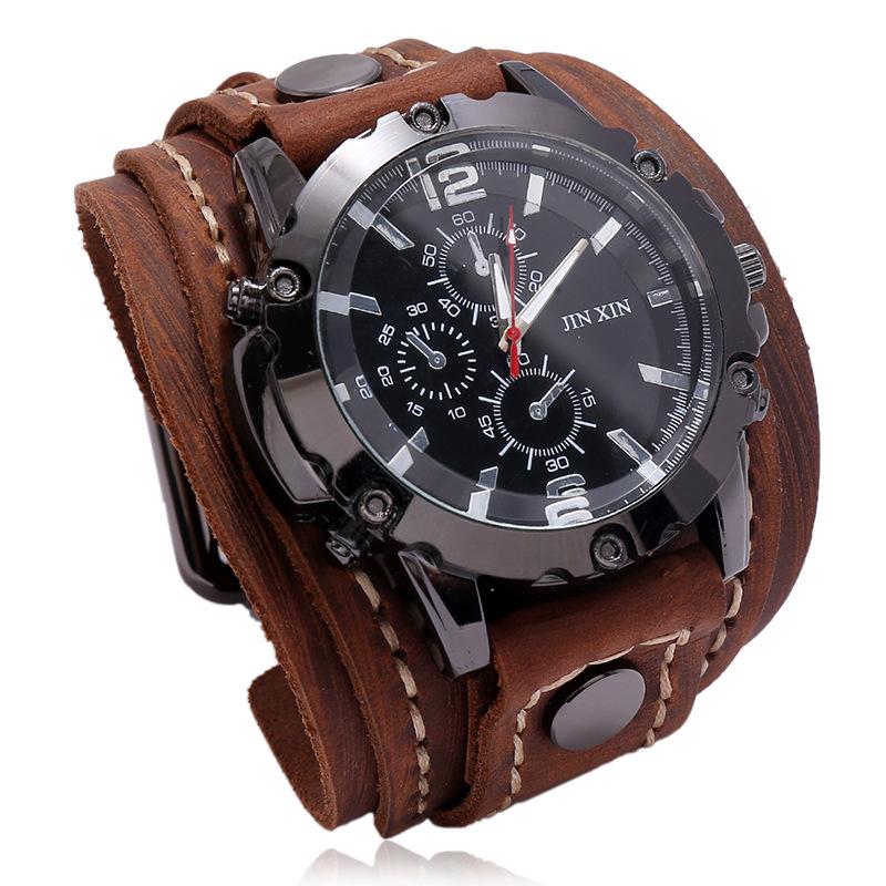 Mens Quartz Watches Luxury Wristwatch Cowhide Watchband Punk Style Watch for Men Wide Genuine Leather Bracelets Jewelry