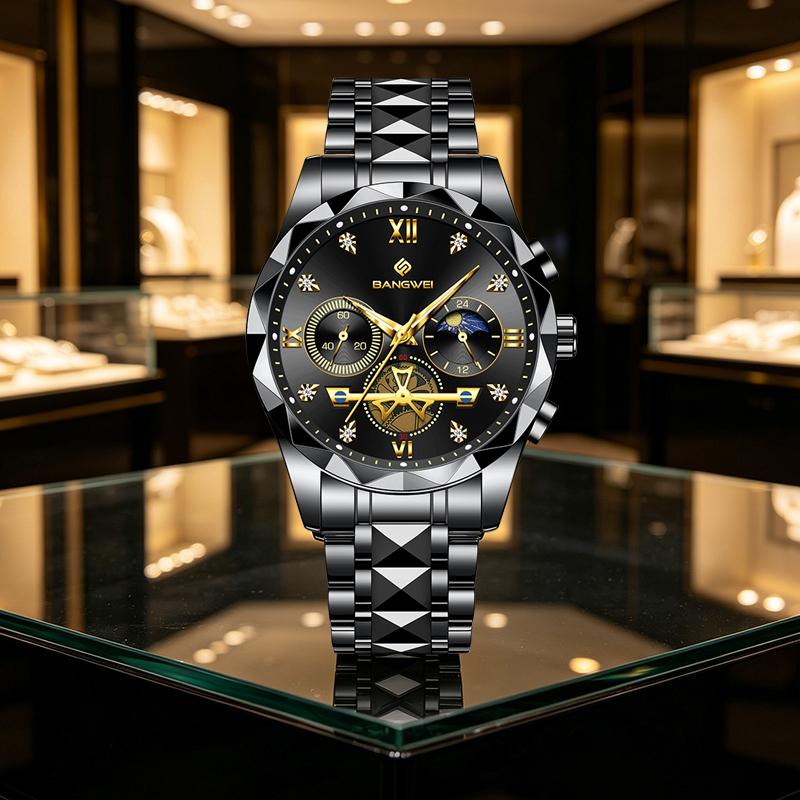 BANGWEI Men's Quartz Watch Multifunctional Moon Phase Stainless Steel Wristwatch Luminous Waterproof Business Watch for Men