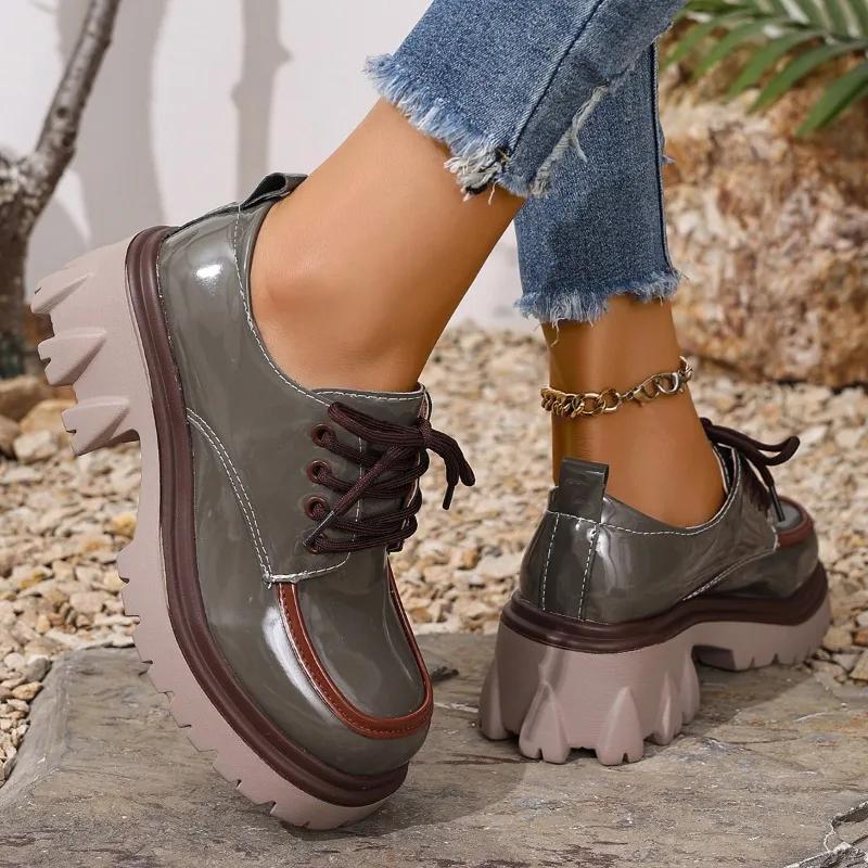 Балетки больших размеров 2025 Женские туфли на высоком каблуке Платформа Круглый носок Средний каблук Шнуровка Туфли-лодочки для ретро офиса и карьеры