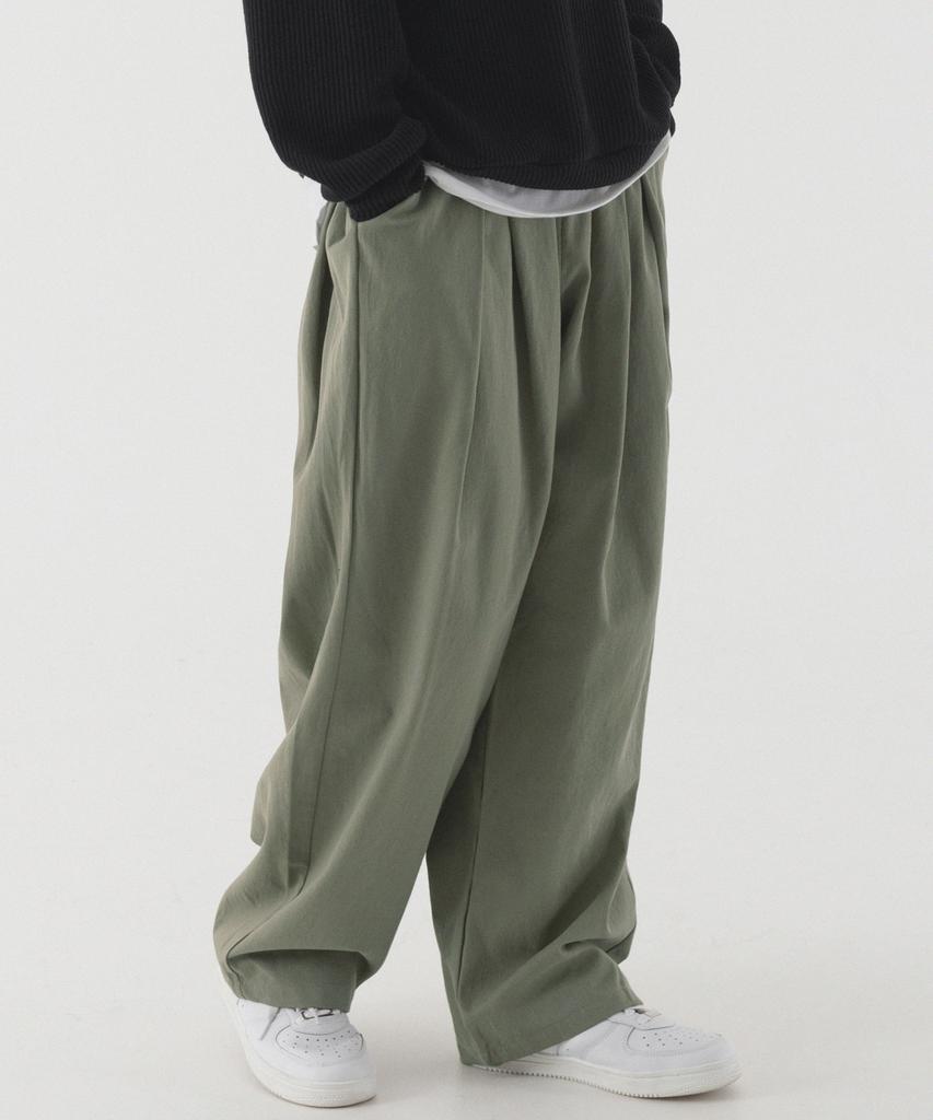 PIANER Pleated Wide Elastic Cotton Pants (Light Khaki)