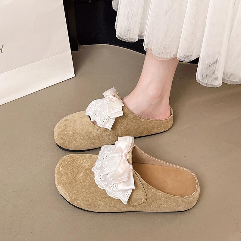 Модные тапочки-баотоу с бантом, осенние новинки, круглый носок, глубокий вырез, нескользящая износостойкая плоская подошва, половина моу