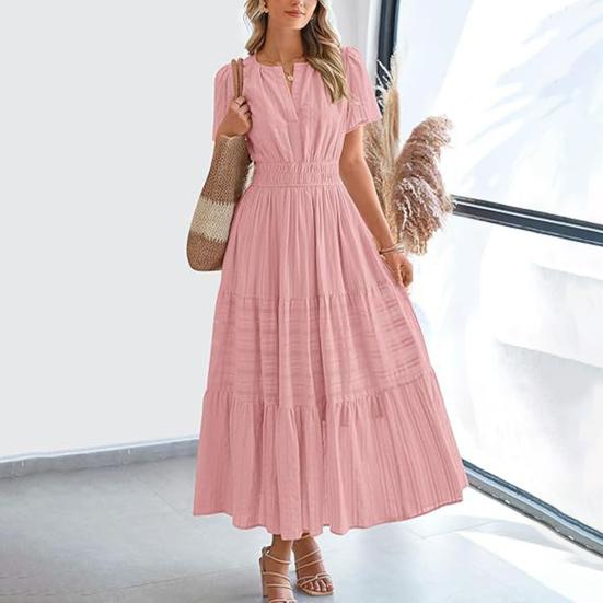 Женское летнее платье макси, повседневное платье с V-образным вырезом, коротким рукавом, многослойное струящееся платье, присборенная талия, плиссированное длинное платье