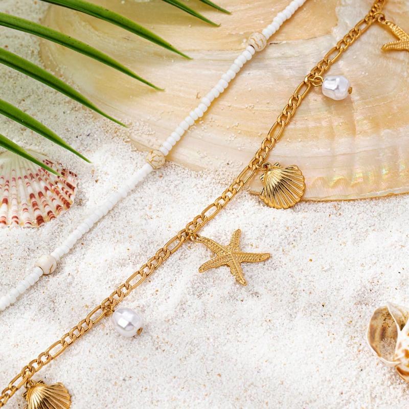 2 Pcs Boho Style Seashell, Starfish & Pearl Decor Waist Chain For Women