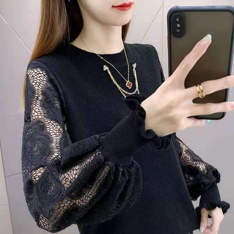 Вязаный свитер женский новый кружевной пряжа с рукавами 2023 женский осенний свитер пуловер с круглым вырезом свитер свободная нижняя рубашка