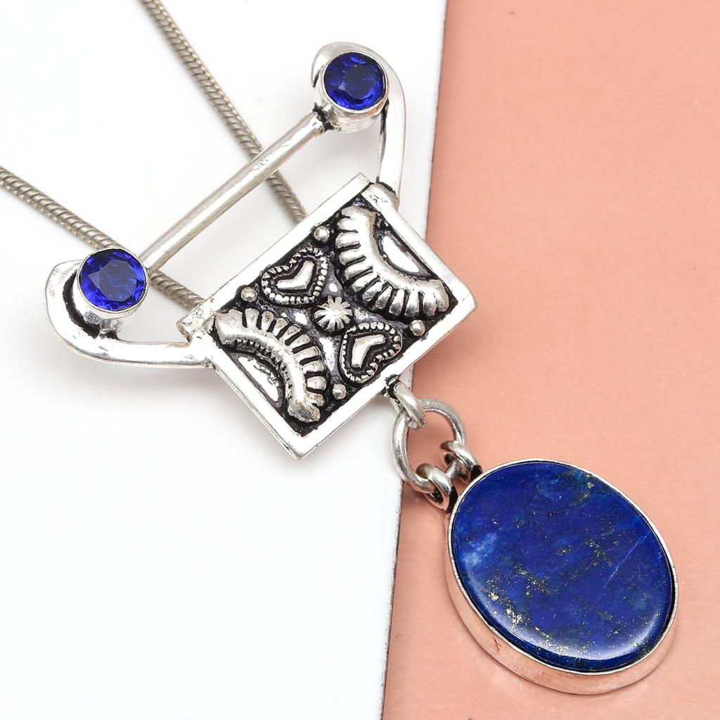 Pendant Lapis Lazuli Silver Jewelry 2.5" Gemstone  Handmade Sterling Silver