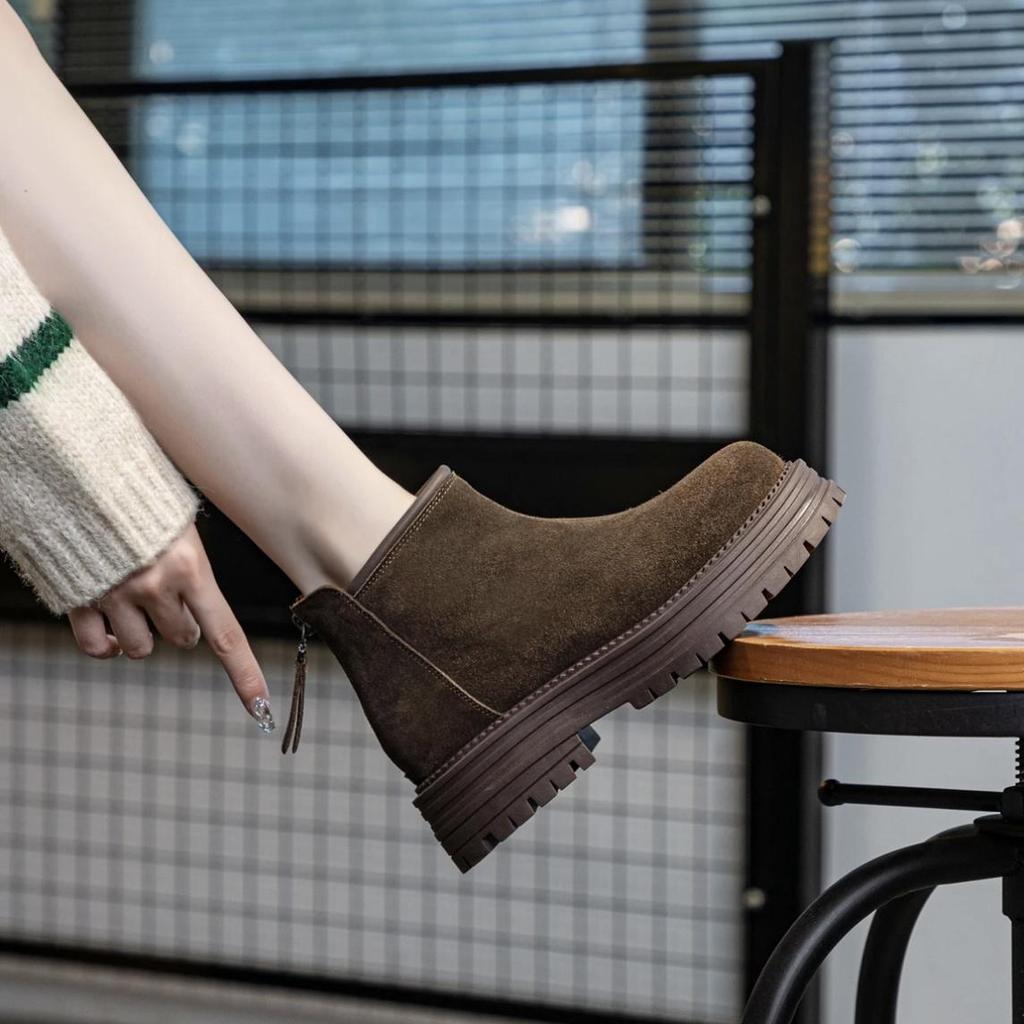 Short Fleece Martin Boots Frosted Winter Snow Boots Women's British Chelsea Boots Vintage 2024 Thick Bottom