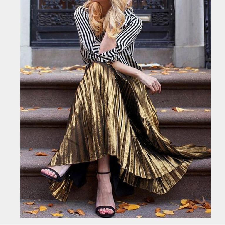 Весенне-осенняя женская юбка, металлическая плиссированная юбка, длинная юбка, юбка до половины тела