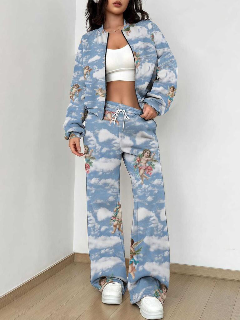 Flame pattern splicing autumn and winter new European and American women's clothing retro pattern printing suit women