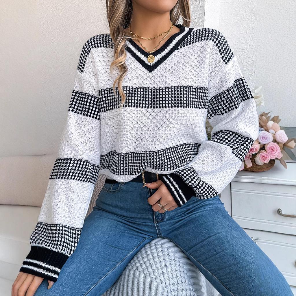 GMXIA Autumn Winter V-neck Contrasting Color Striped Lantern Long-sleeved Pullover Sweater Women's Wear