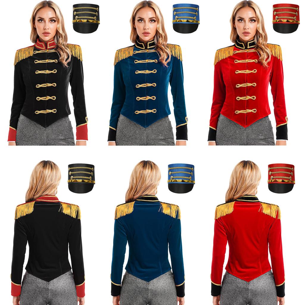 Womens Circus Ringmaster Costume Outfit Long Sleeve Stand Collar Fringe Shoulder Jacket Coat Hat Set
