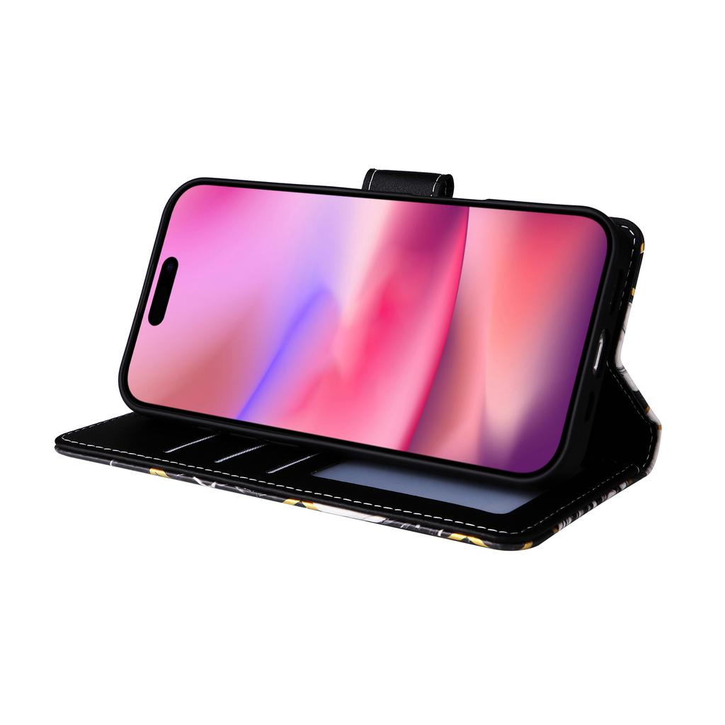 For iPhone 17 Case Lacquered Marble Pattern Leather Phone Cover with Wrist Strap