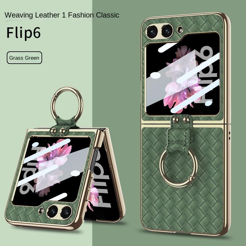 Electroplate Shell Film Weaving Ring Phone Case for Samsung Galaxy Z Flip 6 5 4 Flip6 Flip5 Flip4 Flip3 5G Fall Prevention Cover
