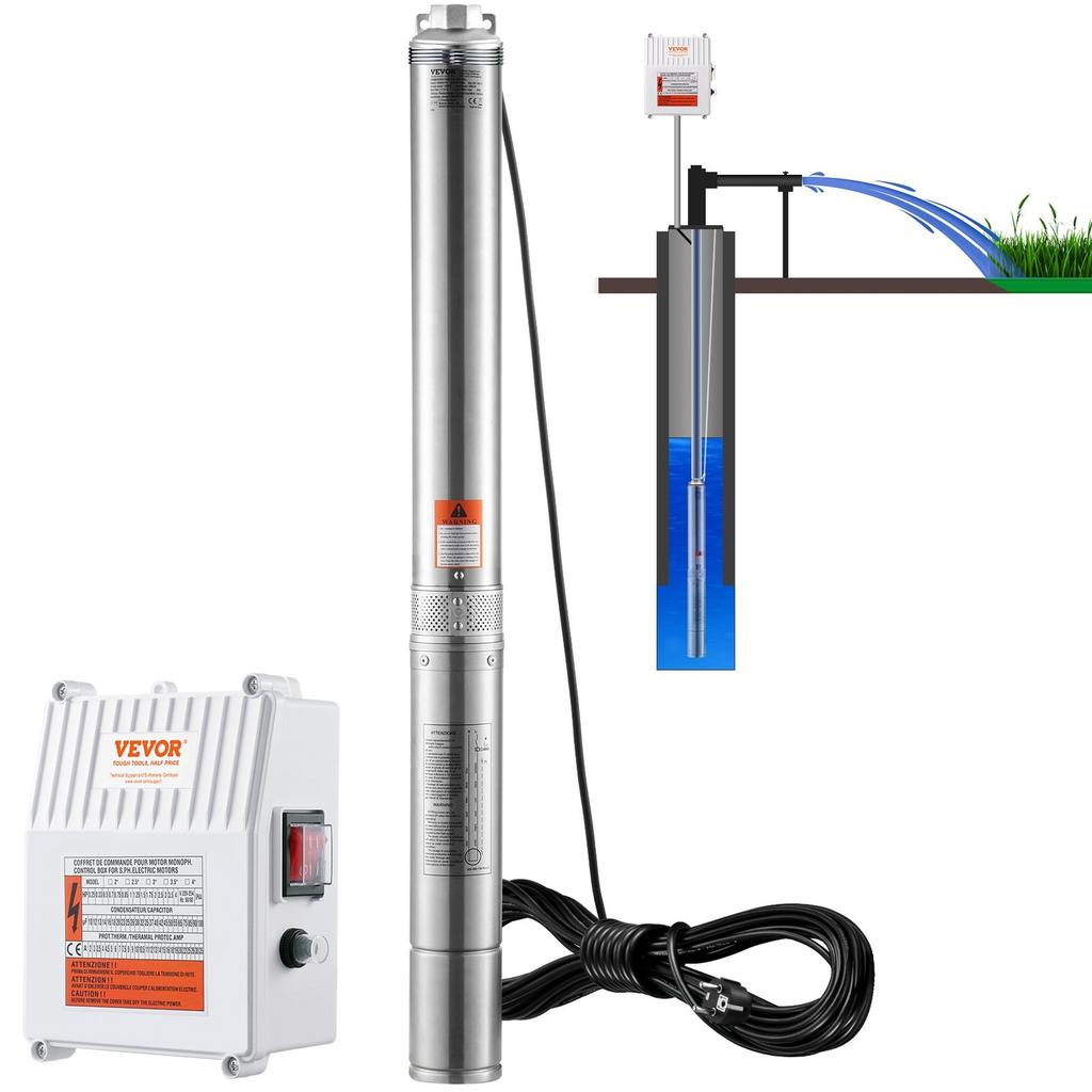 Deep Well Submersible Pump 1500W Power 9.8 m³/h Max Flow 108m Max Head Stainless Steel Water Pump IP68 Waterproof with External Control Box for