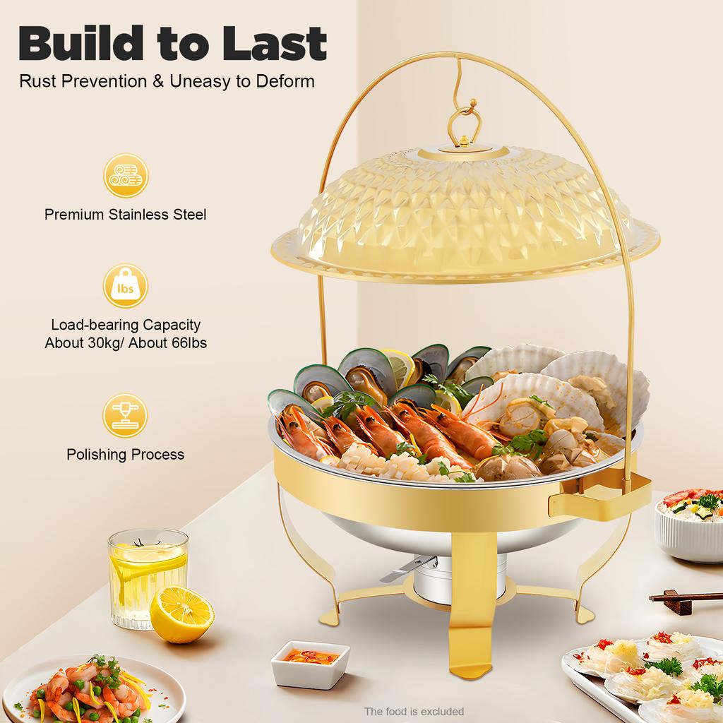 Gold Buffet Food Warmer Chafing Dish with Alcohol Burner, 6.3QT Stainless Steel Party Server for Catering, Wedding, Home Kitchen