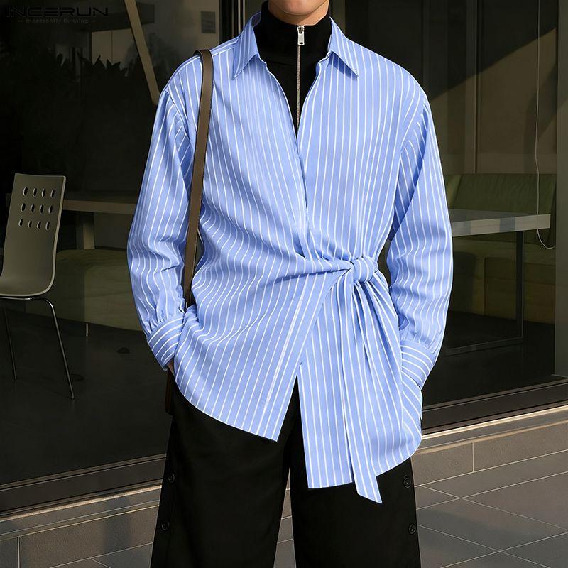 INCERUN Мужские весенние рубашки с отложным воротником, длинным рукавом, боковым перекручиванием, в полоску